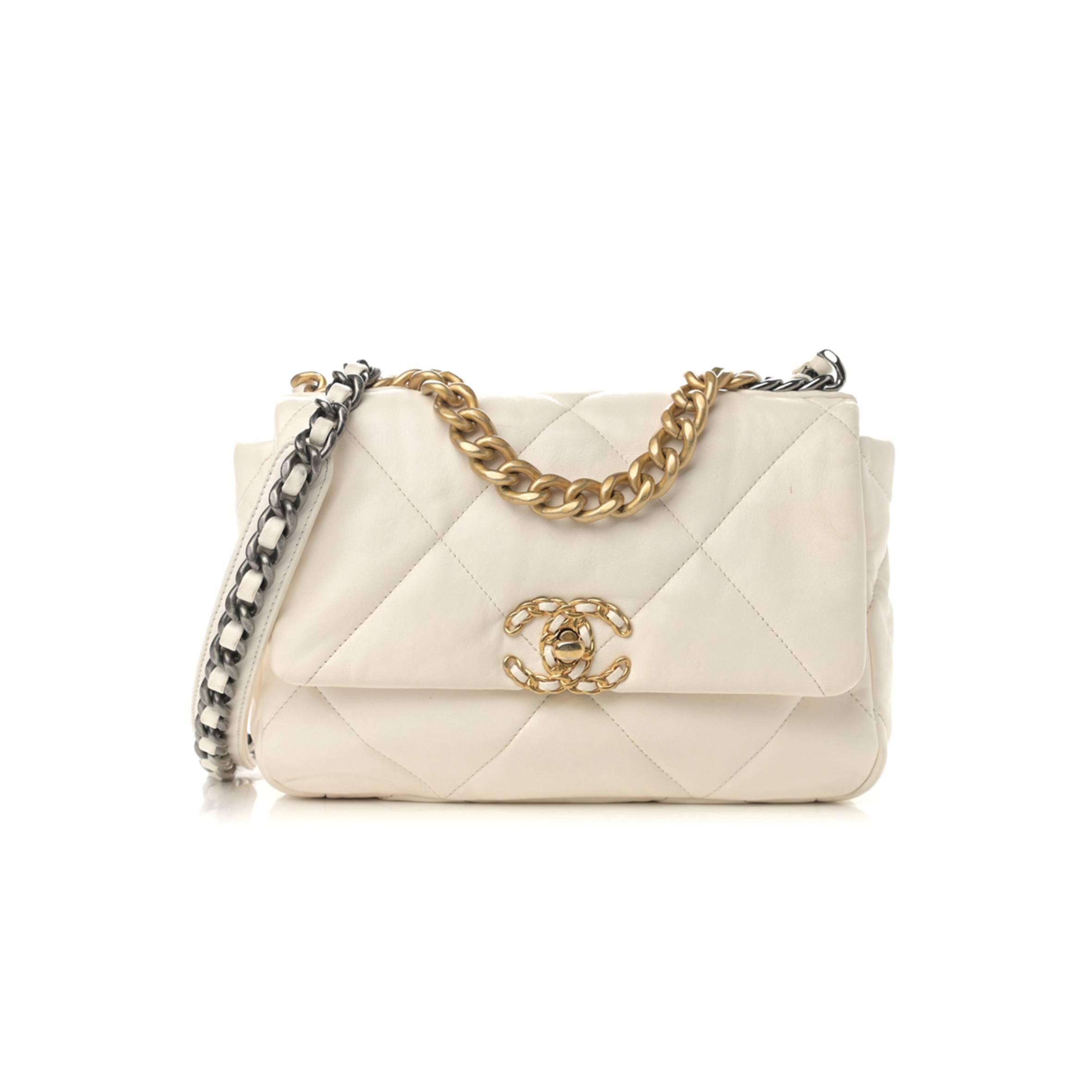 CHANEL GOATSKIN QUILTED MEDIUM CHANEL 19 FLAP WHITE GOLD HARDWARE (27*20*8cm)