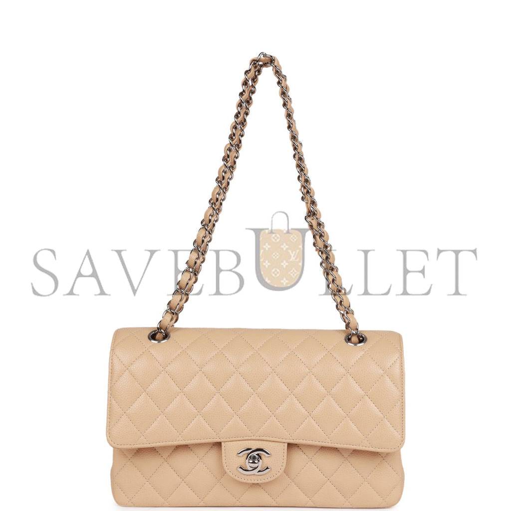 CHANEL MEDIUM CLASSIC DOUBLE FLAP BAG BEIGE CAVIAR SILVER HARDWARE (25*15*7cm)