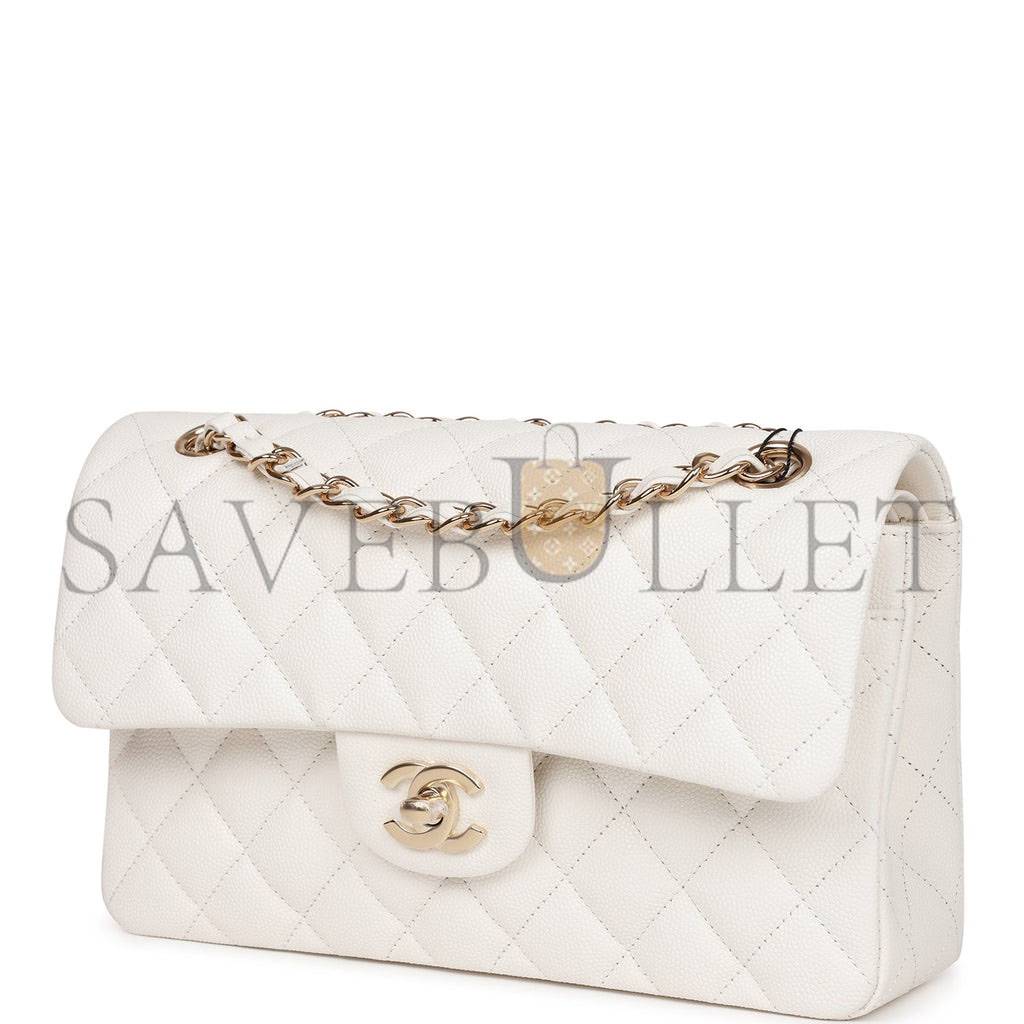 CHANEL SMALL CLASSIC DOUBLE FLAP WHITE CAVIAR  GOLD HARDWARE (23*13*6cm)