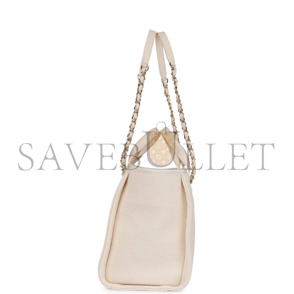 CHANEL SMALL DEAUVILLE SHOPPING BAG WHITE BOUCLE LIGHT GOLD HARDWARE (34*27*15cm)