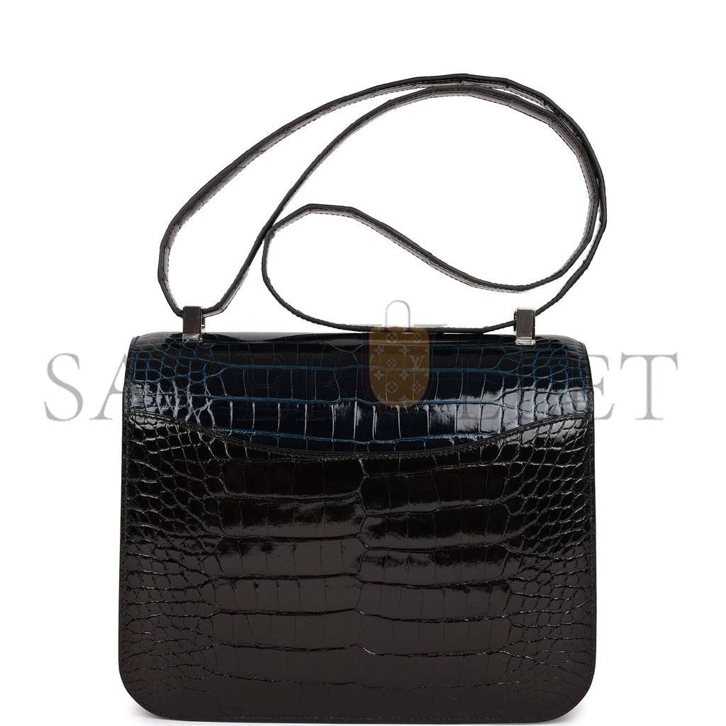 HERMES CONSTANCE 24 TRI-COLOR BLACK, BLEU BALTIQUE AND VERT ROUSSEAU SHINY ALLIGATOR PALLADIUM HARDWARE (24cm)