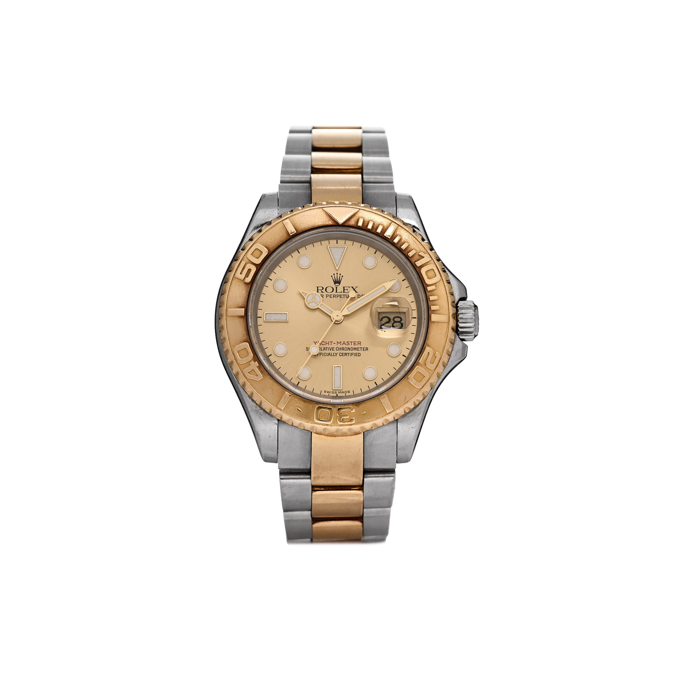 ROLEX STAINLESS STEEL 18K YELLOW GOLD 40MM OYSTER PERPETUAL DATE YACHT-MASTER WATCH CHAMPAGNE 16623