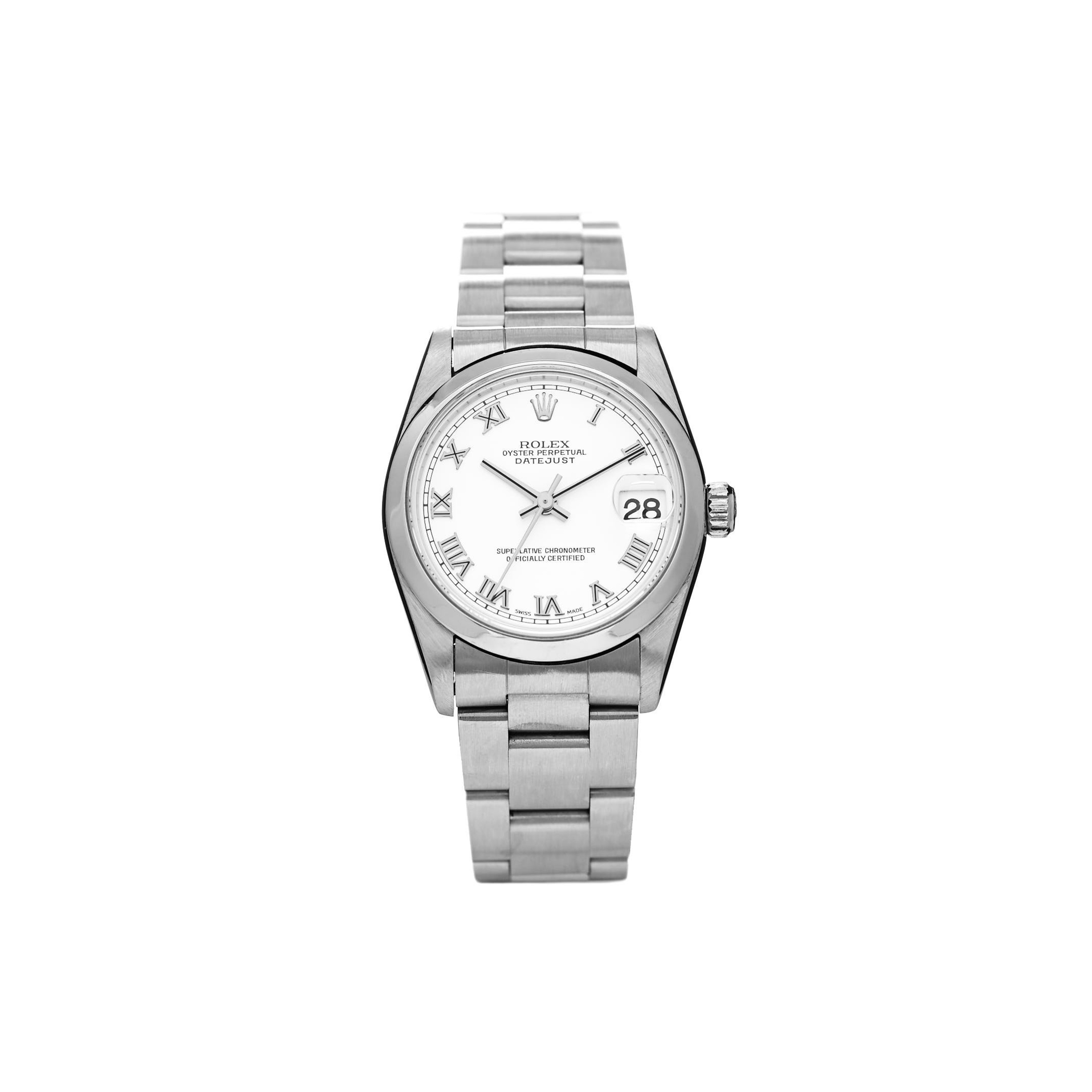 ROLEX STAINLESS STEEL 31MM OYSTER PERPETUAL DATEJUST WATCH WHITE ROMAN 178240