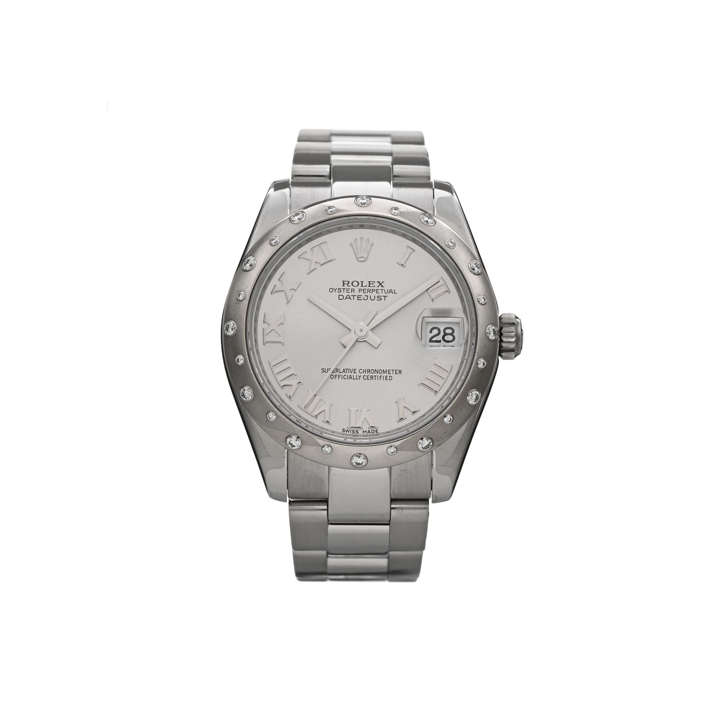 ROLEX STAINLESS STEEL 18K WHITE GOLD DIAMOND 31MM OYSTER PERPETUAL DATEJUST WATCH SILVER ROMAN 178344