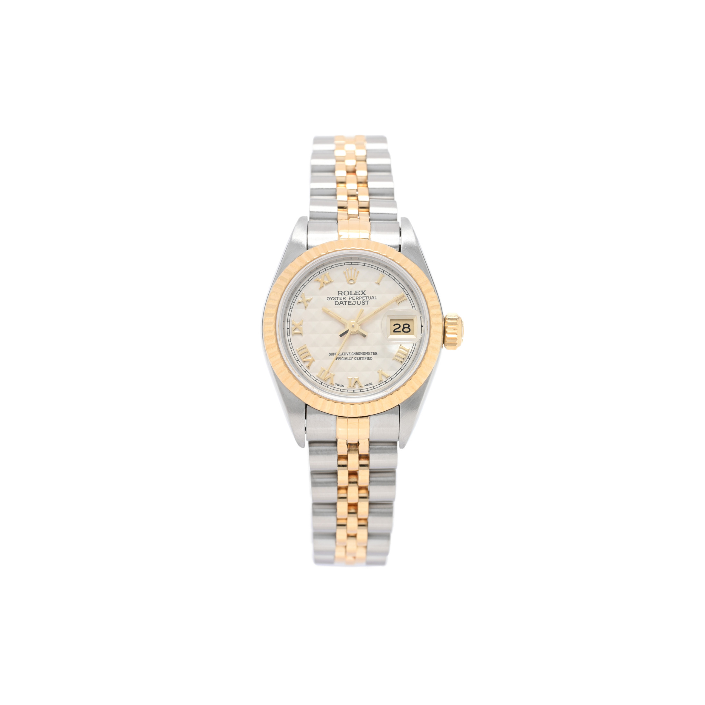 ROLEX STAINLESS STEEL 18K YELLOW GOLD 26MM OYSTER PERPETUAL DATEJUST WATCH WHITE PYRAMID ROMAN 79173