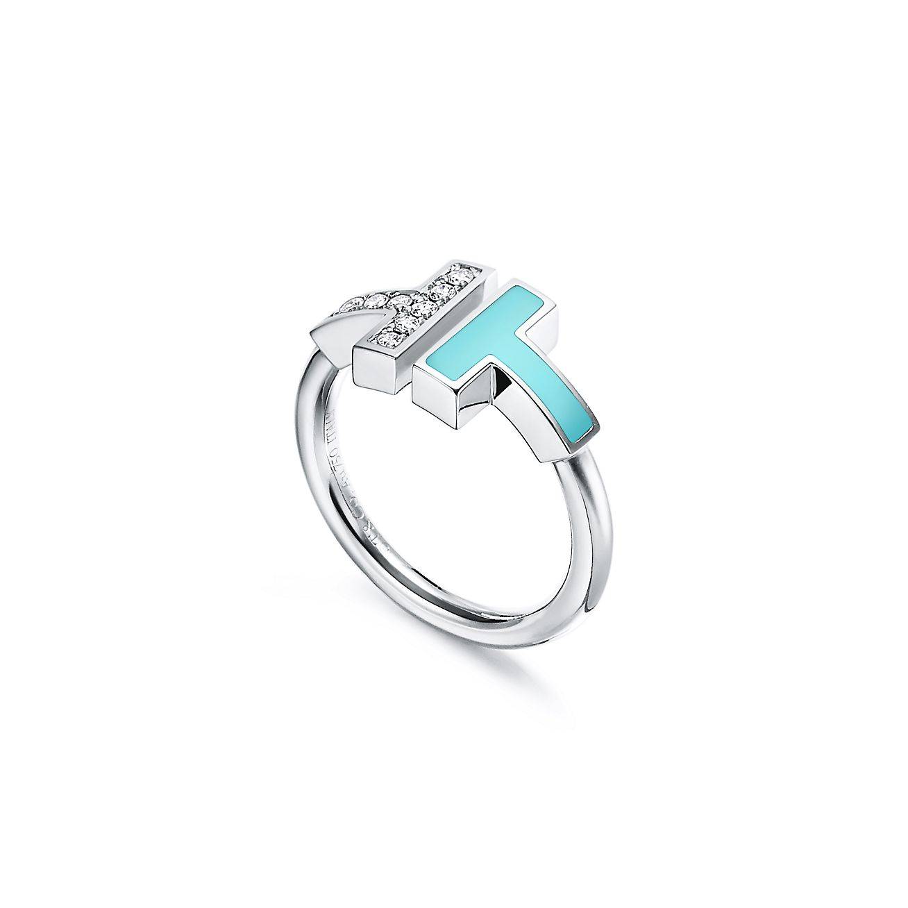 Tiffany T Diamond and Turquoise Wire Ring in 18k White Gold