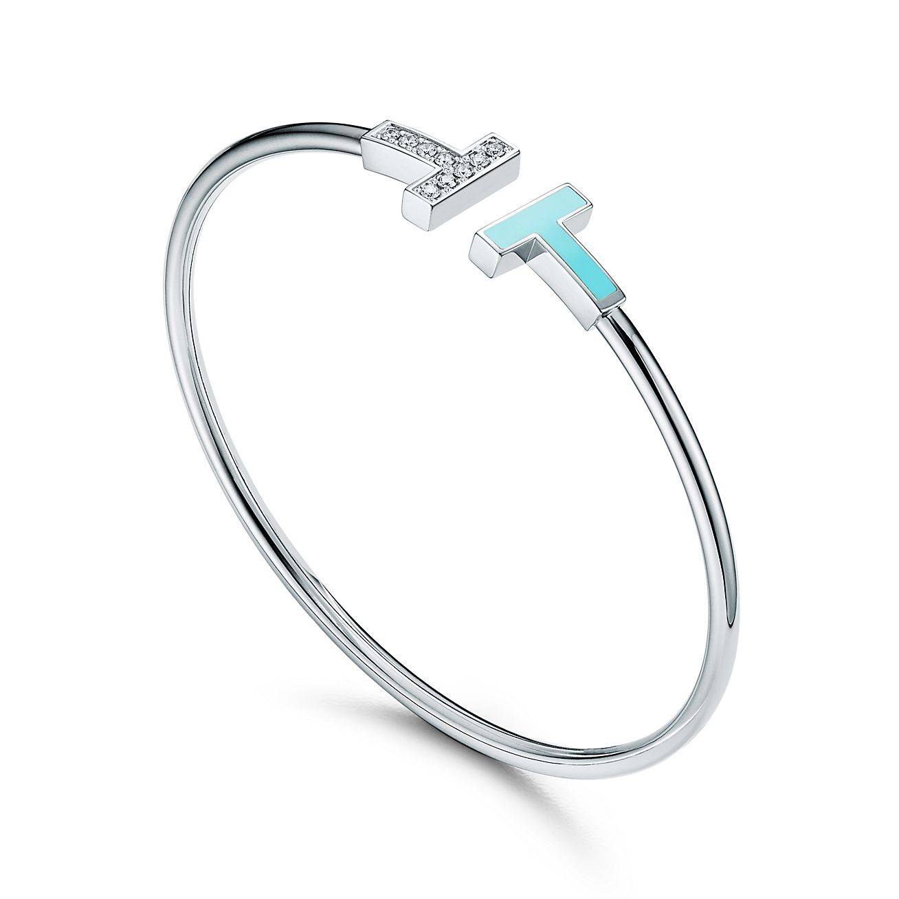 Tiffany T Diamond and Turquoise Wire Bracelet in 18k White Gold