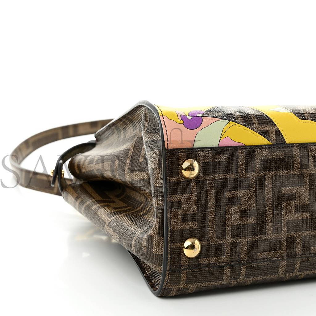 FENDI GLAZED FABRIC VITELLO FF 1974 HAIRDO GIRLS INLAY MINI PEEKABOO ICONIC SATCHEL MOGANO PANNA MULTICOLOR (23*18*13cm)